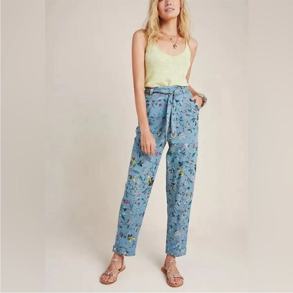 Anthropologie High-Rise Victoria Blue Floral Cargo Pants Boho Artsy Size 4 *READ
